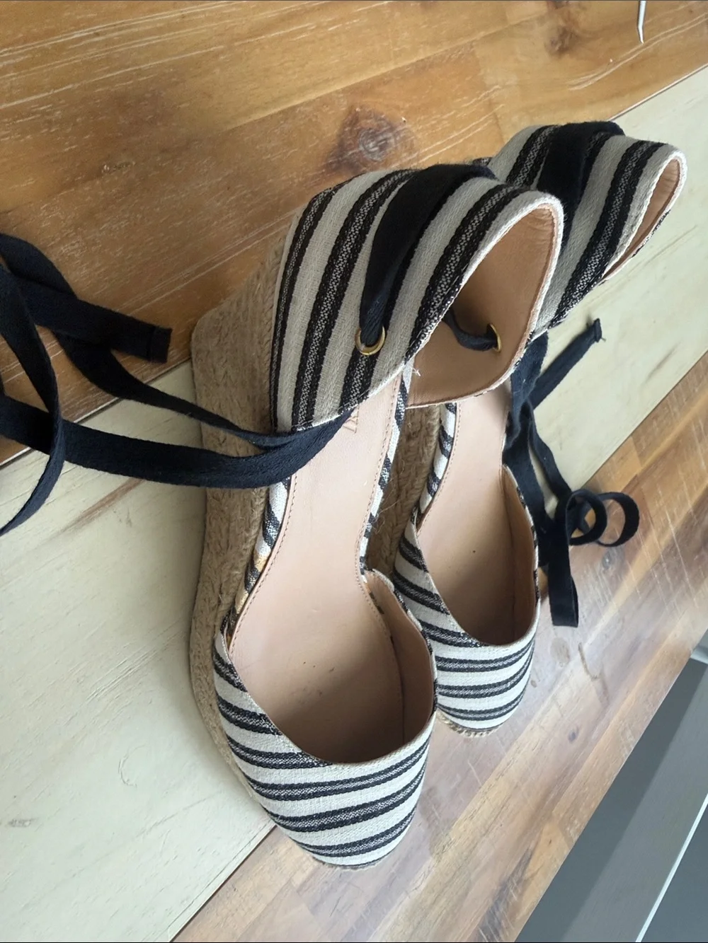 J. Crew Black and White Striped Espadrille Tie-Up Flats